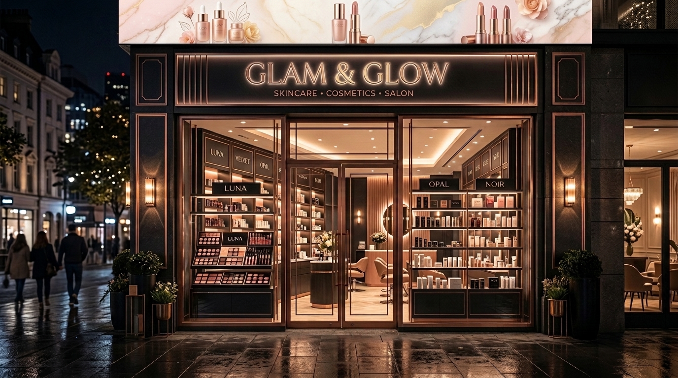 Glam & Glow storefront and banner